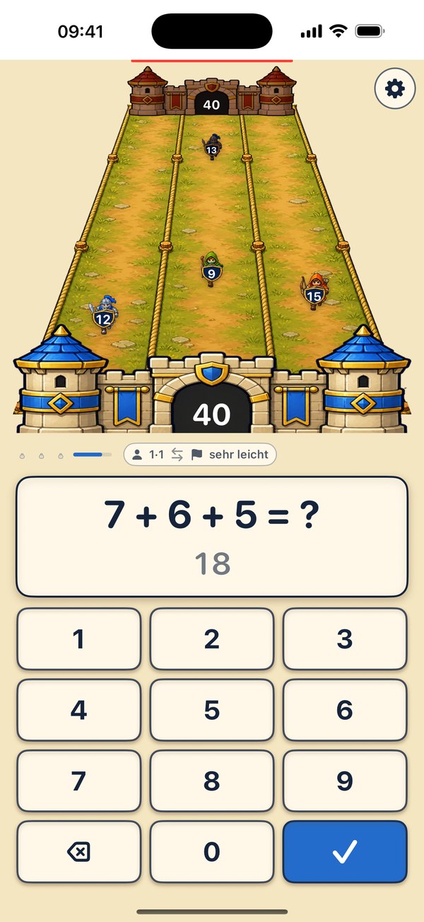 Bildschirmfoto: die längere Aufgabe 7 + 6 + 5 = ? mit eingegebener Lösung 18
