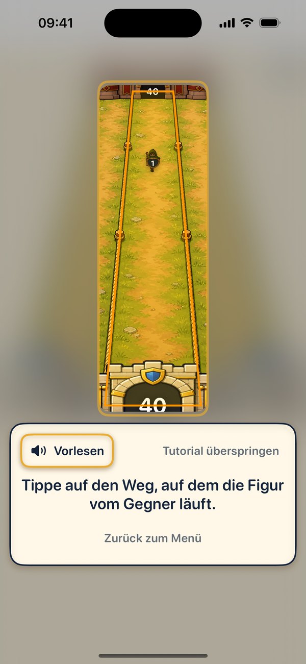 Bildschirmfoto aus dem Tutorial, Schritt 4: Ein einzelner Weg ist hell hervorgehoben, auf ihm läuft die Figur vom Gegner. Der Hinweis lautet: „Tippe auf den Weg, auf dem die Figur vom Gegner läuft.“