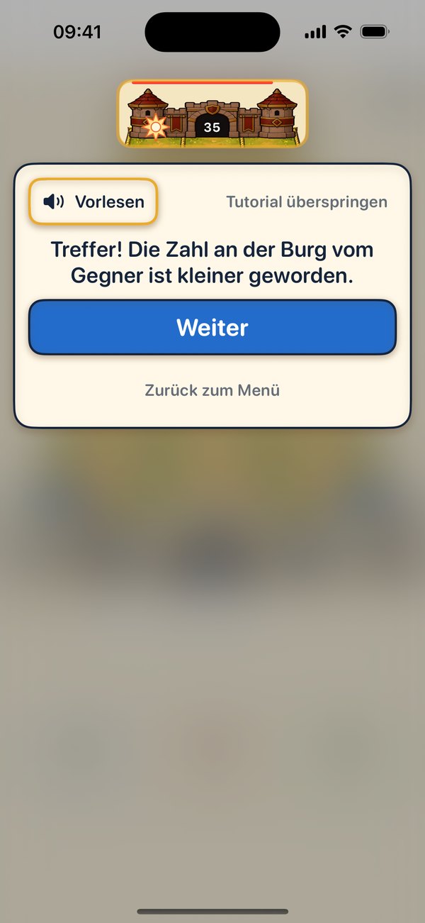 Bildschirmfoto aus dem Tutorial, Schritt 5: Die Burg vom Gegner oben ist hervorgehoben, ihre Zahl ist kleiner geworden und zeigt jetzt 35. Der Hinweis lautet: „Treffer! Die Zahl an der Burg vom Gegner ist kleiner geworden.“